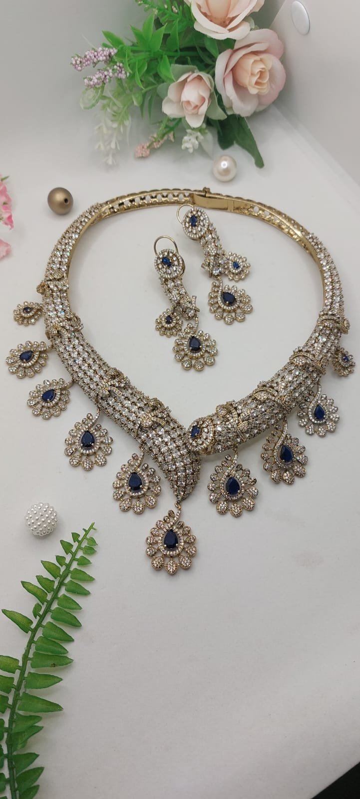 Royal Sapphire Crystal Collar Necklace Set with Matching Earrings