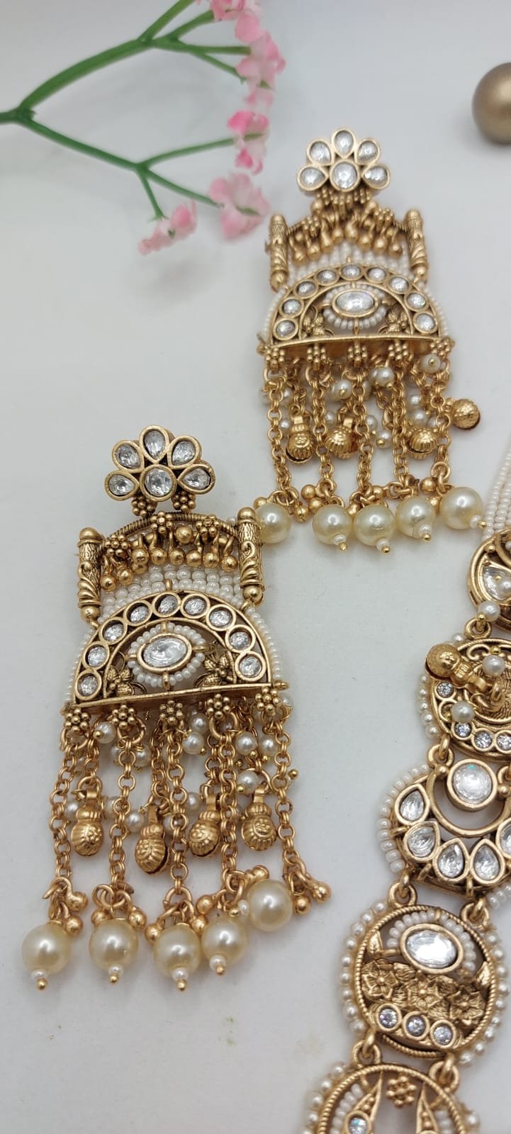 Heritage Pearl Kundan Long Necklace Set with Statement Jhumka Earrings Gallery Image