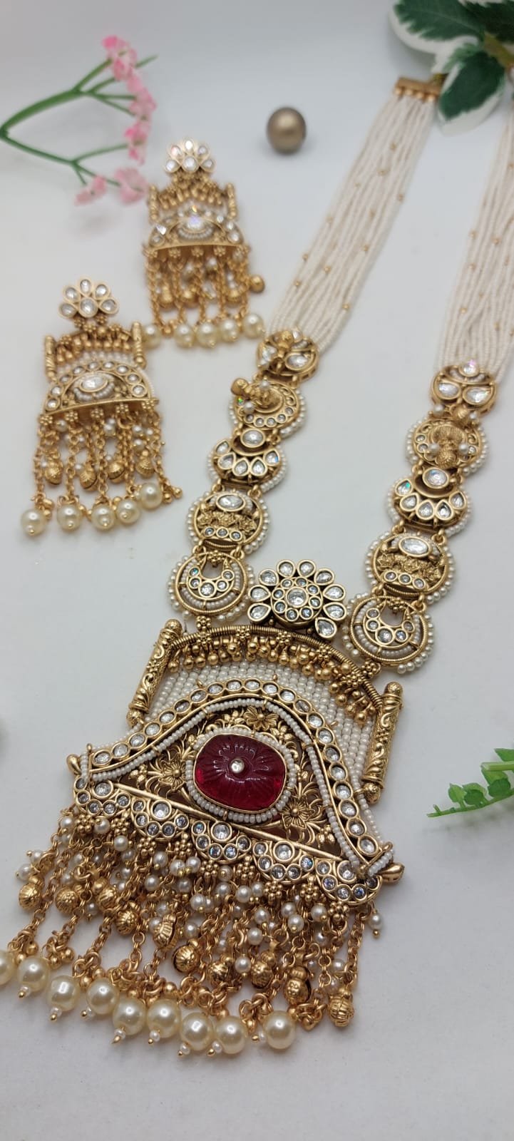 Heritage Pearl Kundan Long Necklace Set with Statement Jhumka Earrings Gallery Image